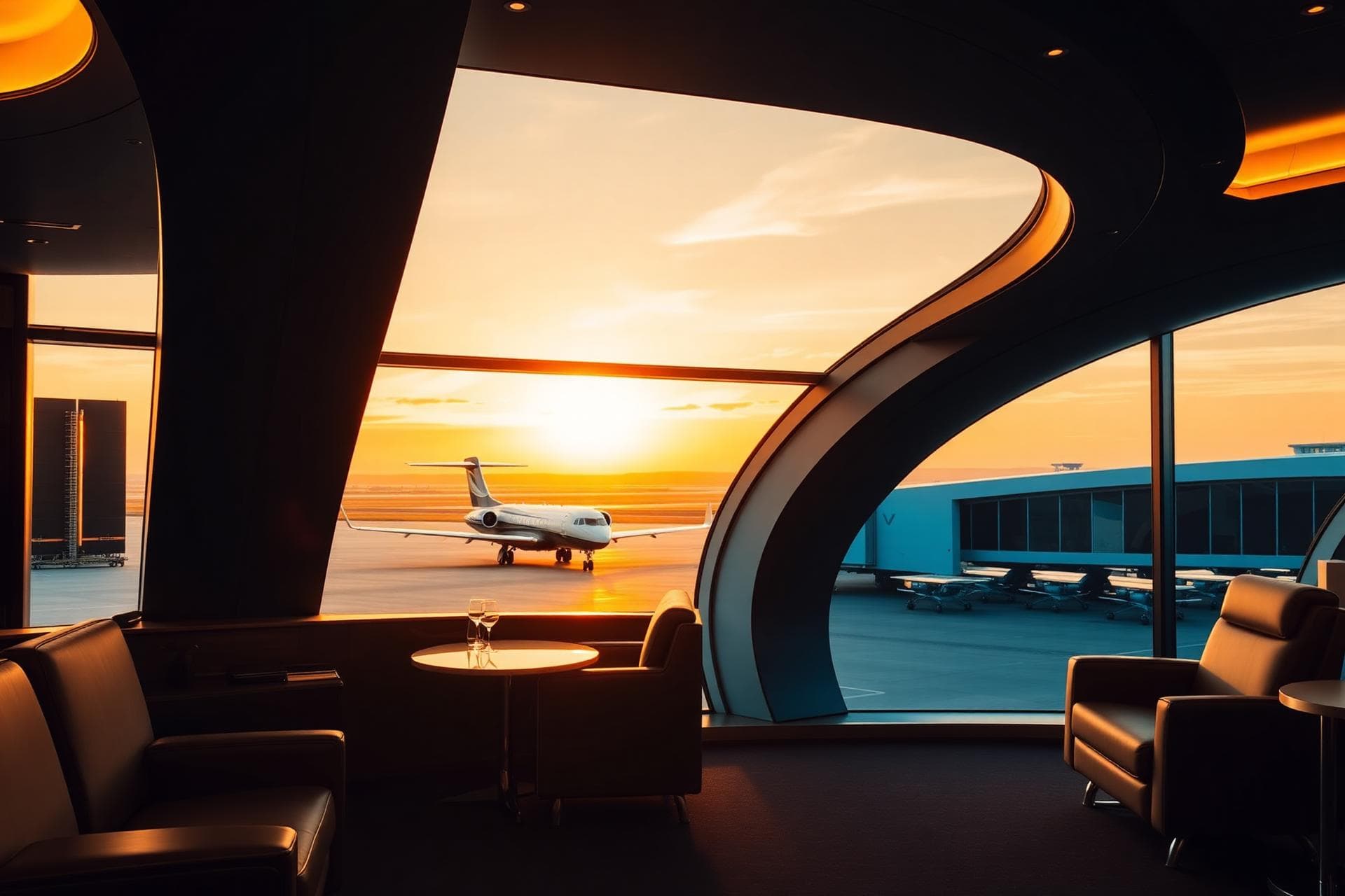 VIP airport lounge at golden hour overlooking a private jet on the tarmac